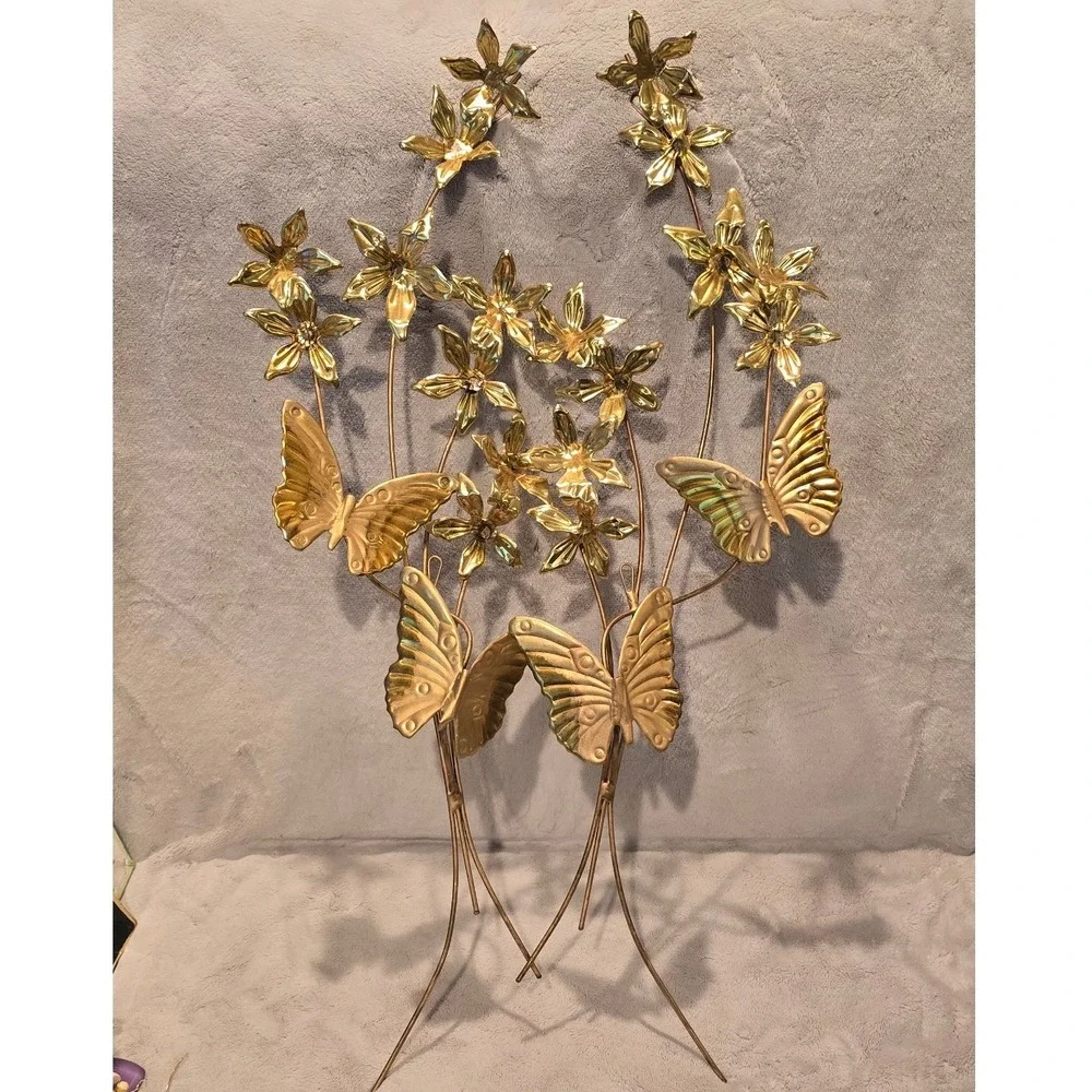 Vintage Gold Metal Butterfly and Flower Wall Art Set of 2 Floral Decor 25.5x8